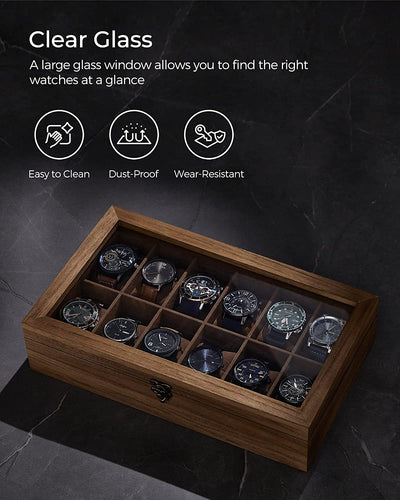 12-Slot Wood Watch Box With Large Glass Lid - Rustic Walnut