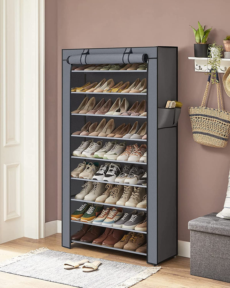 10-Tier Shoes Rack with Dustproof Cover - Grey