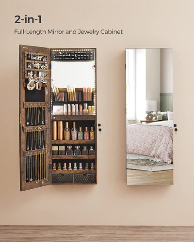 Jewellery Cabinet With Frameless Mirror LED Lights - Industrial Brown