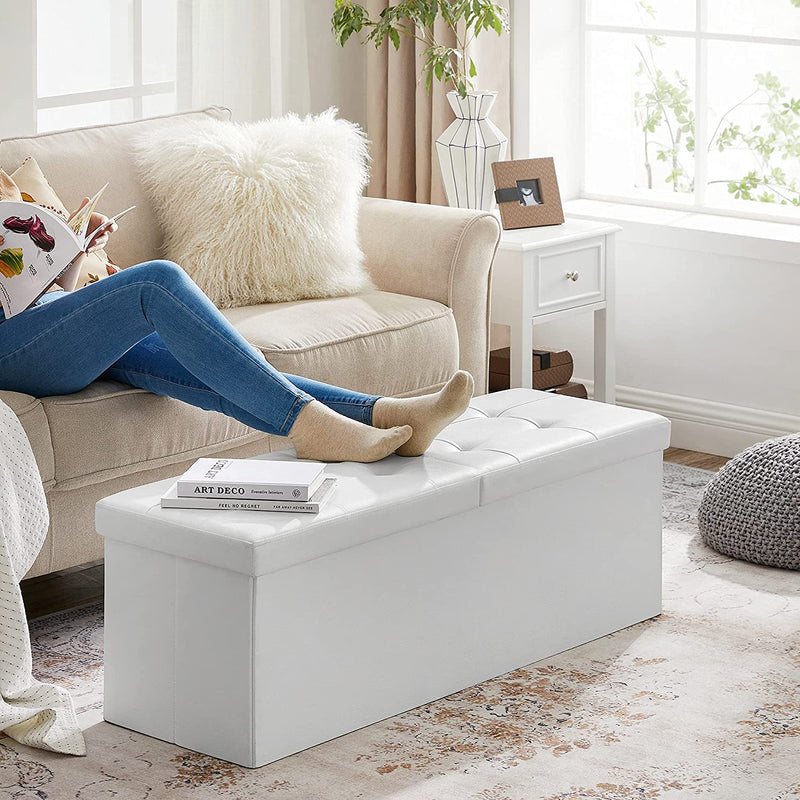 Storage Ottoman Seat With Flipping Lid Leather Large - White