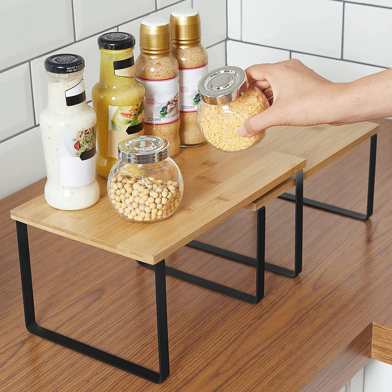 Kitchen Pantry Shelf Bmboo Stackable Organisers Black (Set of 2)