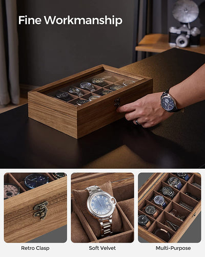 12-Slot Wood Watch Box With Large Glass Lid - Rustic Walnut