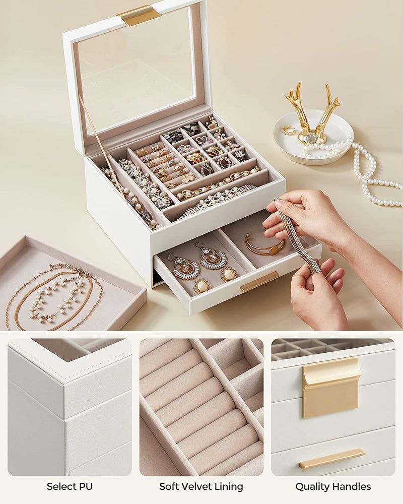 Jewellery Box with Glass Lid 3-Layer - White