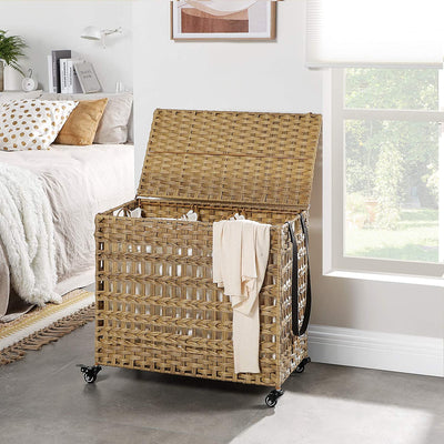 Rattan Laundry Hamper with Wheels 140L - Natural