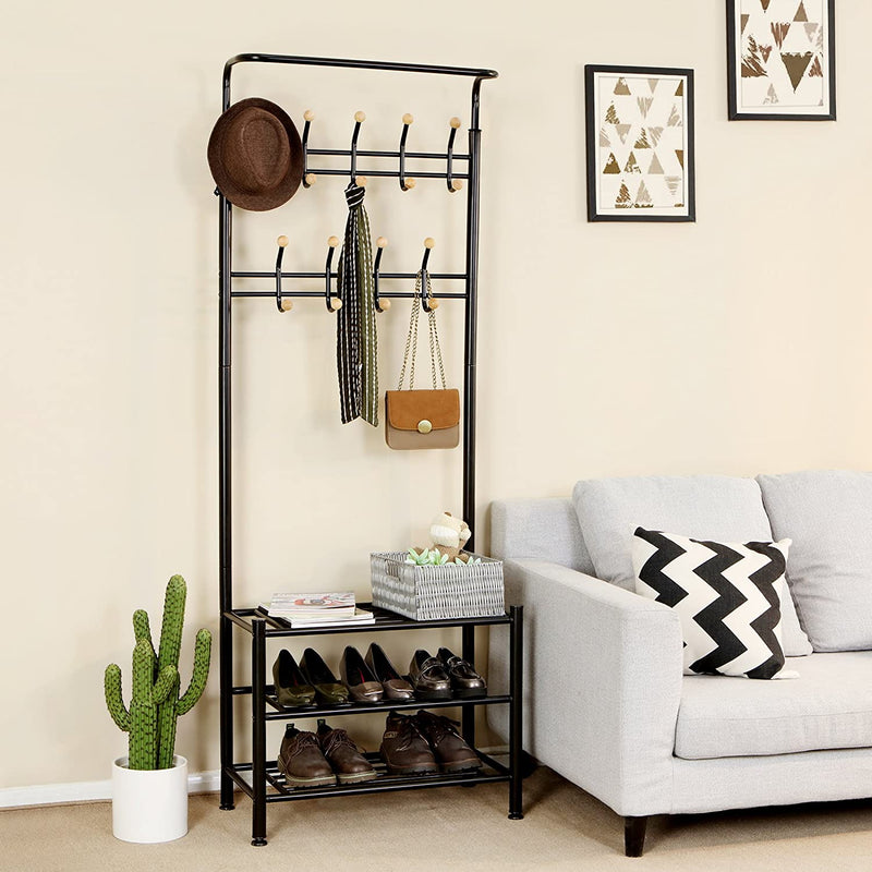 Hallway Coat Rack Metal Black with 3 Shoe Racks with 18 Hooks