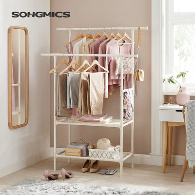 Metal Clothing Stand with 2 Hanging Rails and 2 Storage Shelves - White