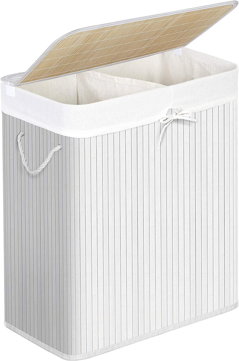 Divided Bamboo 100L Laundry Basket with Lid- Off-White