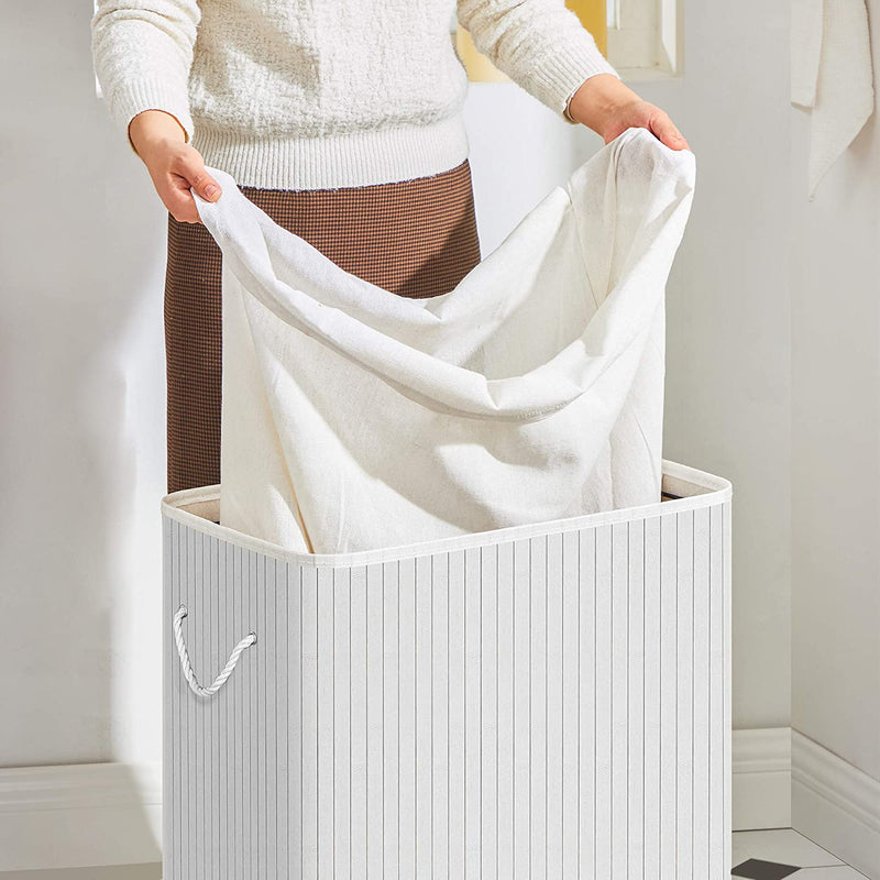 Divided Bamboo 100L Laundry Basket with Lid- Off-White