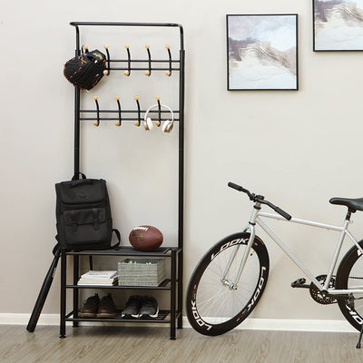 Hallway Coat Rack Metal Black with 3 Shoe Racks with 18 Hooks