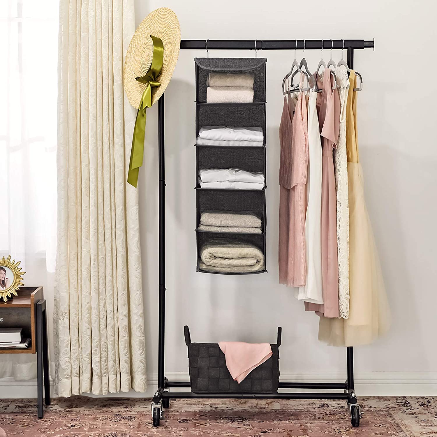 Hanging Wardrobe Storage Clothes Organiser With Metal Hooks – Space General