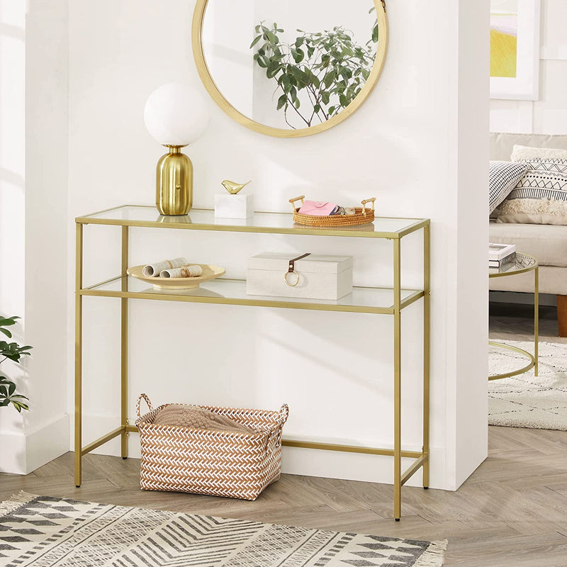 Vasagle Nyla Console Table Tempered Glass Storage Display With 2 Shelves - Gold