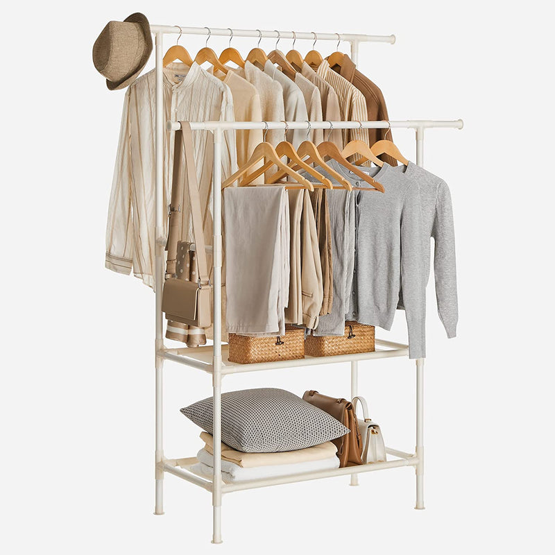 Metal Clothing Stand with 2 Hanging Rails and 2 Storage Shelves - White