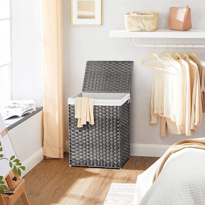 Rattan Laundry Basket 90L With Removable Liner Bag - Grey