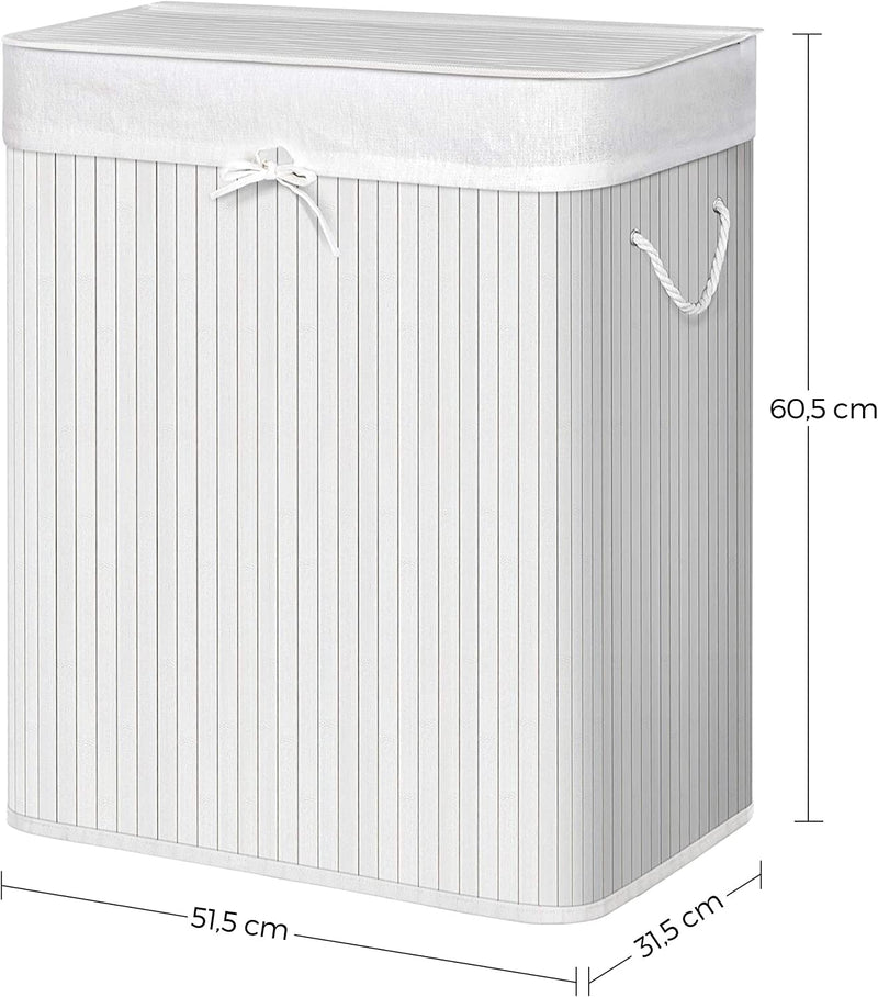 Divided Bamboo 100L Laundry Basket with Lid- Off-White