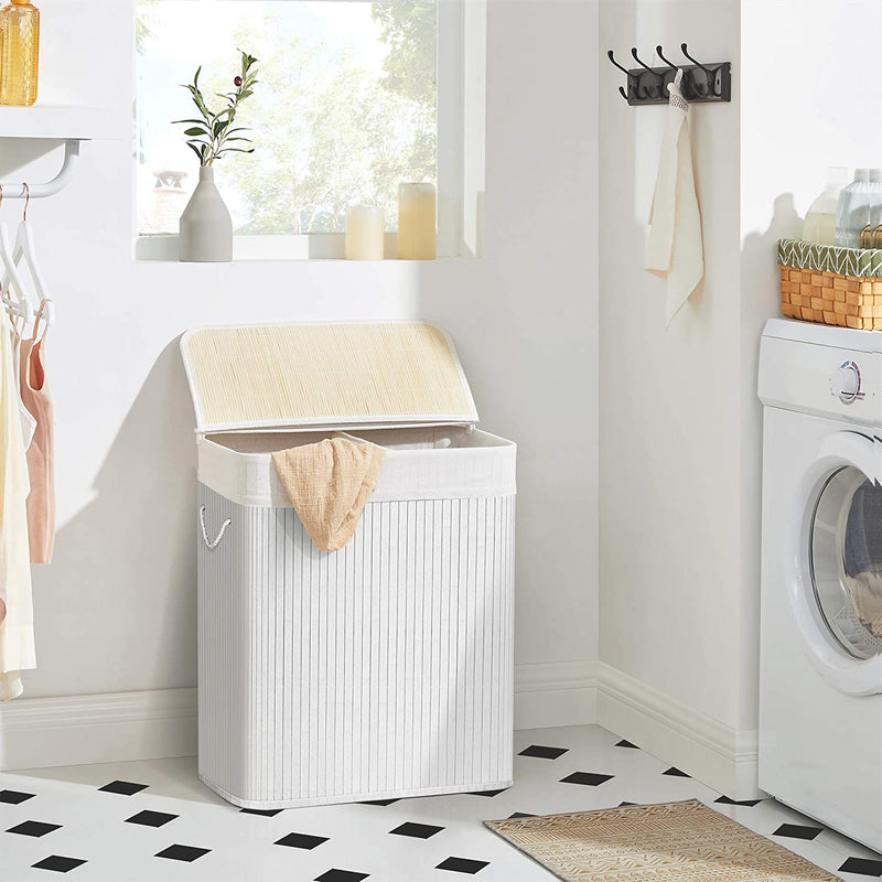 Divided Bamboo 100L Laundry Basket with Lid- Off-White