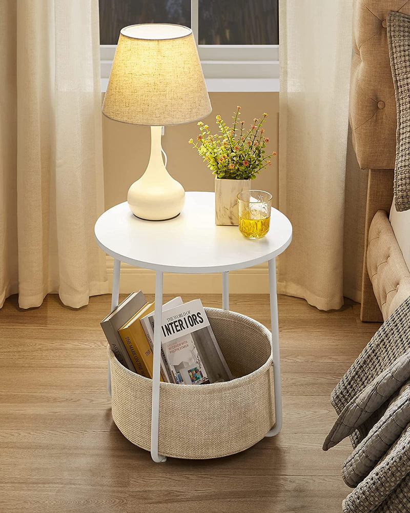 Vasagle Round Side Table With Fabric Storage Basket - Beige