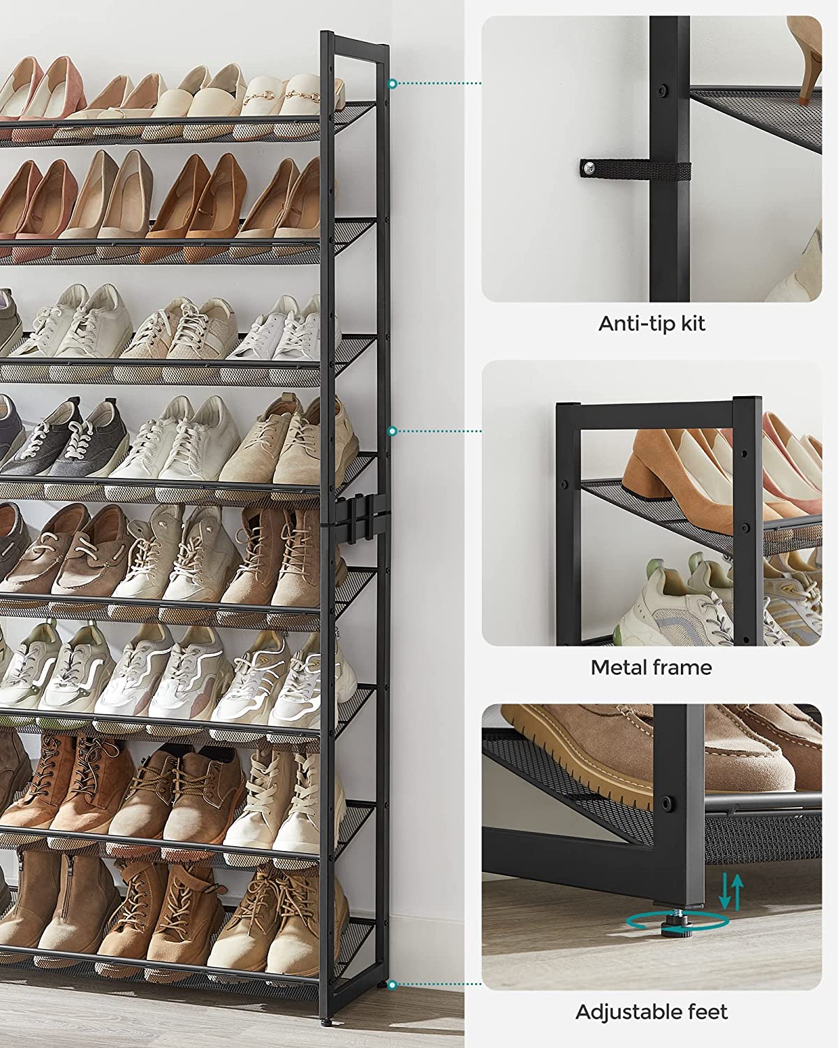 8 Tier Metal Stackable Shoe Rack - Black – Space General