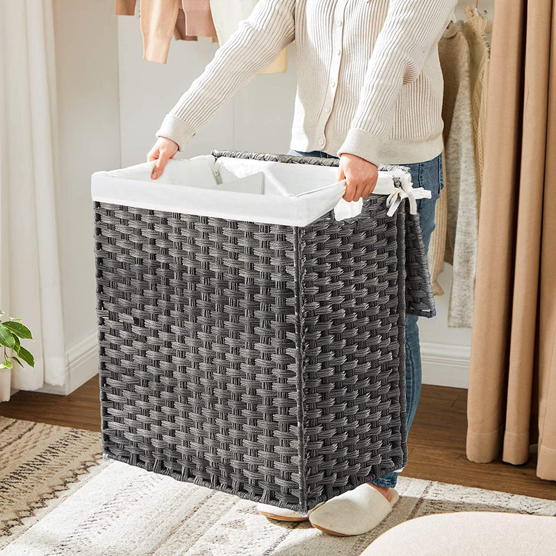 Rattan Divided Laundry Basket 110L with Removable Liner Bag - Grey