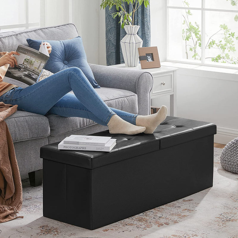 Storage Ottoman Seat with Flipping Lid Leather Large - Black