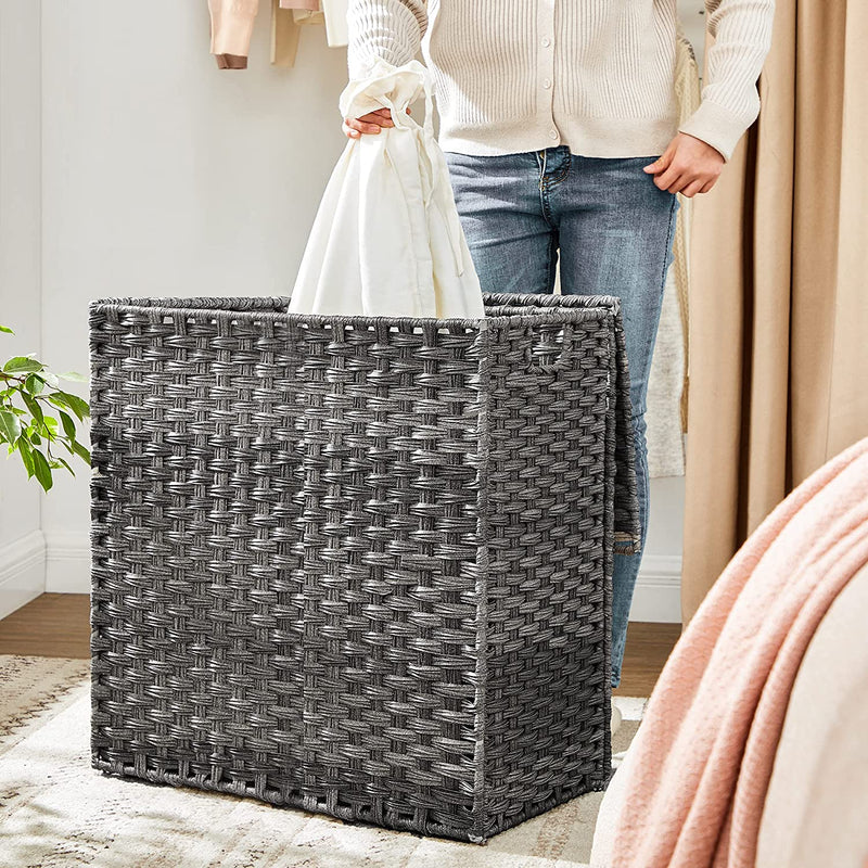 Rattan Divided Laundry Basket 110L with Removable Liner Bag - Grey