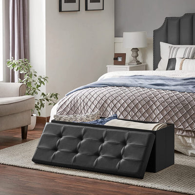 Storage Ottoman Seat with Flipping Lid Leather Large - Black