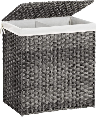 Rattan Divided Laundry Basket 110L with Removable Liner Bag - Grey