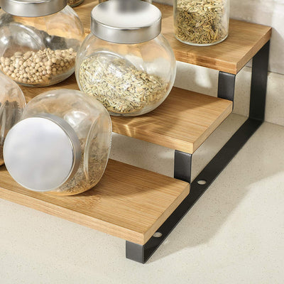 Bamboo Spice Rack Pantry Shelf Black (Set of 2)