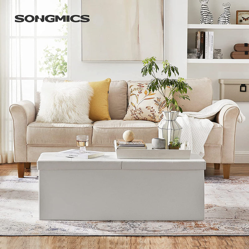 Storage Ottoman Seat With Flipping Lid Leather Large - White