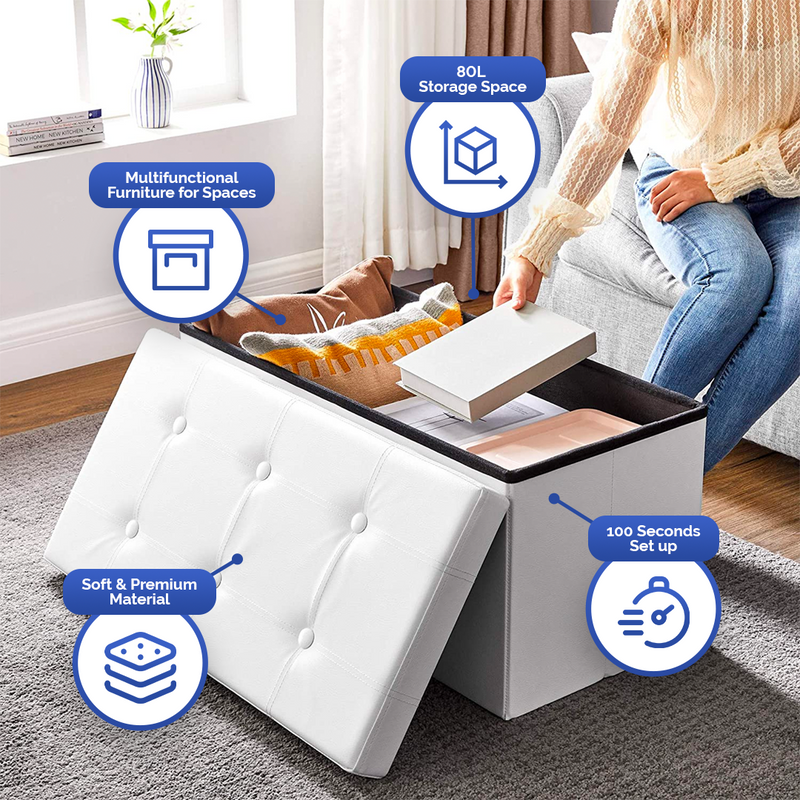 Storage Ottoman Bench Leather Medium - White