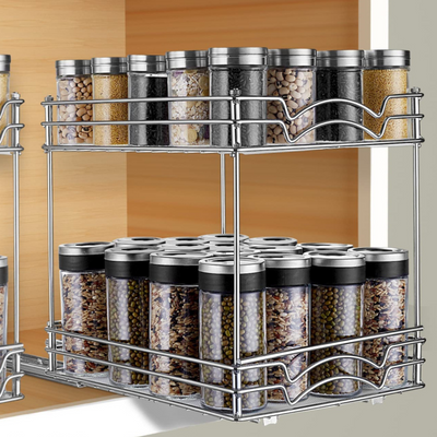 2-Tier Pull Out Spice Rack Organiser for Kitchen Cabinet