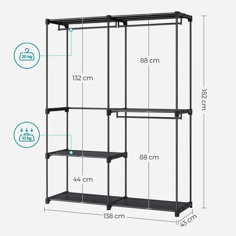 Portable Wardrobe with 3 Hanging Rods and Shelves