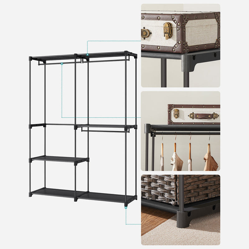 Portable Wardrobe with 3 Hanging Rods and Shelves