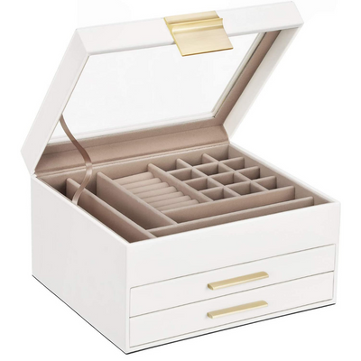 Jewellery Box with Glass Lid 3-Layer - White