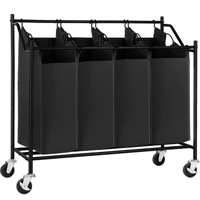 Heavy-Duty 4 Bag Laundry Rolling Sorter Hamper Basket Black