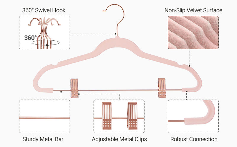 Velvet Coat Hangers With Movable Clips Rose Gold (Set of 24)