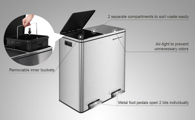 Dual 60 Liters Powder Coated Steel Rubbish Bin - Silver& Black