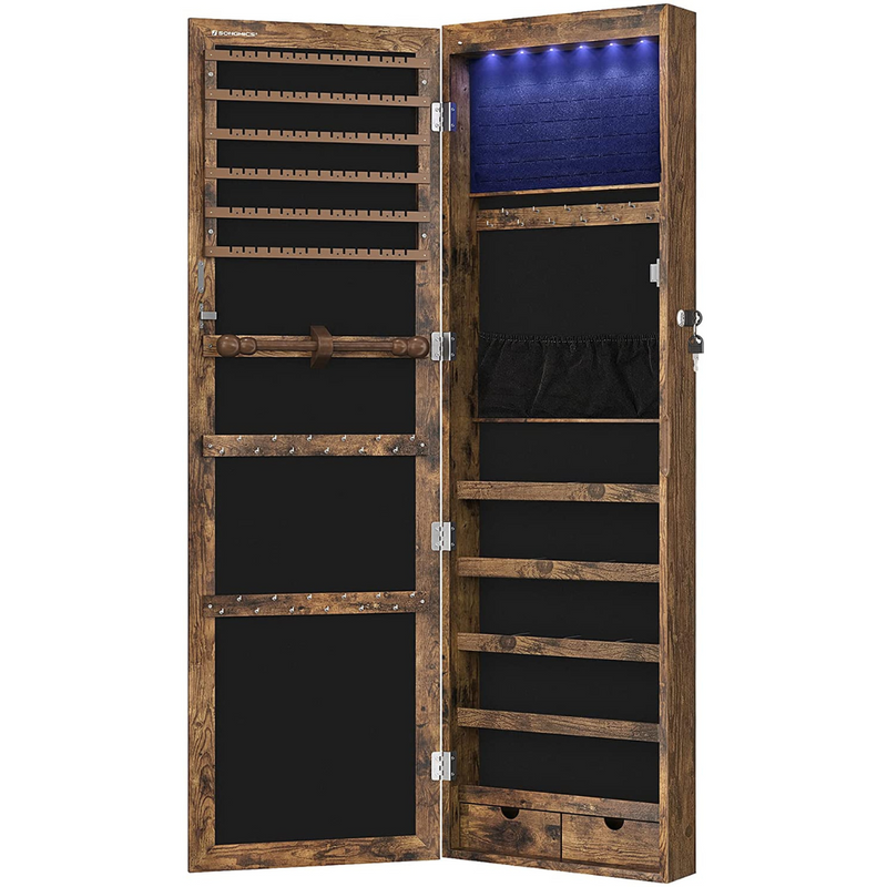 Jewellery Cabinet With LED Mirror - Industrial Style Brown