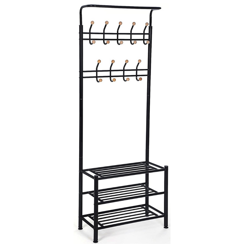 Hallway Coat Rack Metal Black with 3 Shoe Racks with 18 Hooks