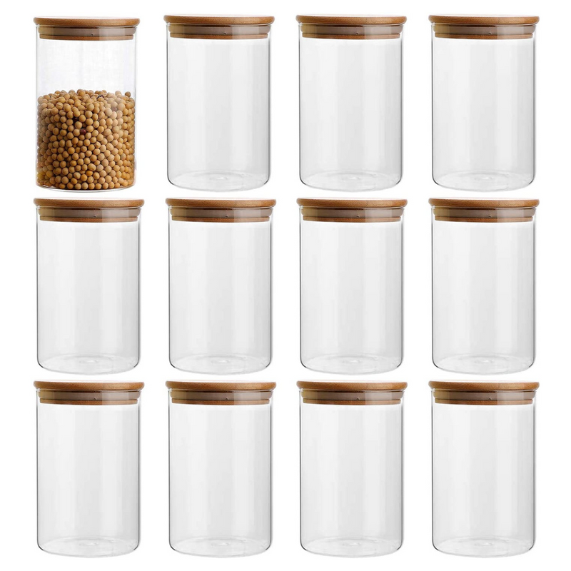 Glass Bamboo Spice Jars With Reusable Labels(Set of 12)