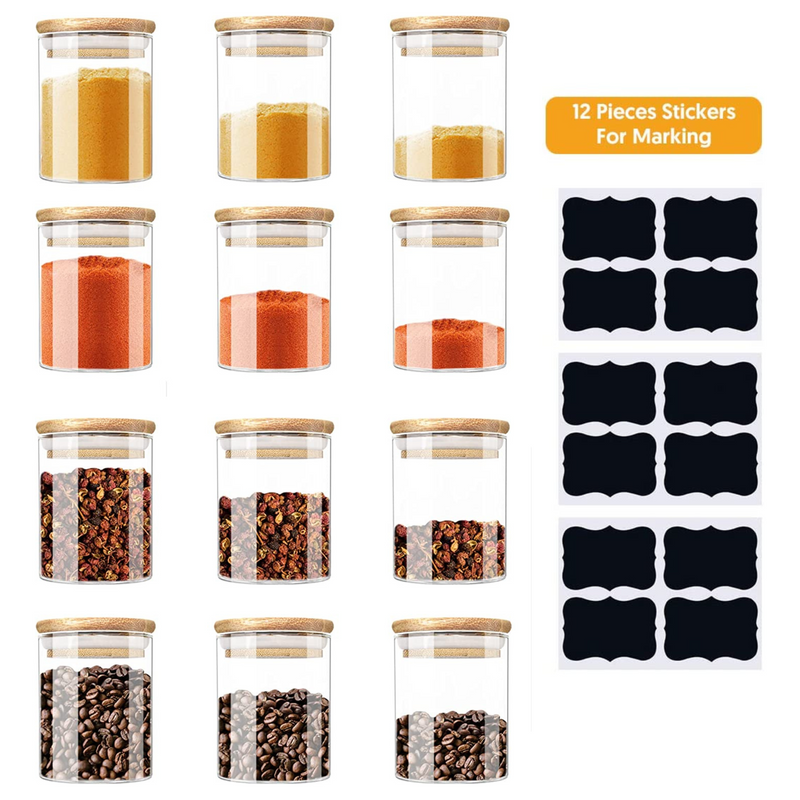 Glass Bamboo Spice Jars With Reusable Labels(Set of 12)
